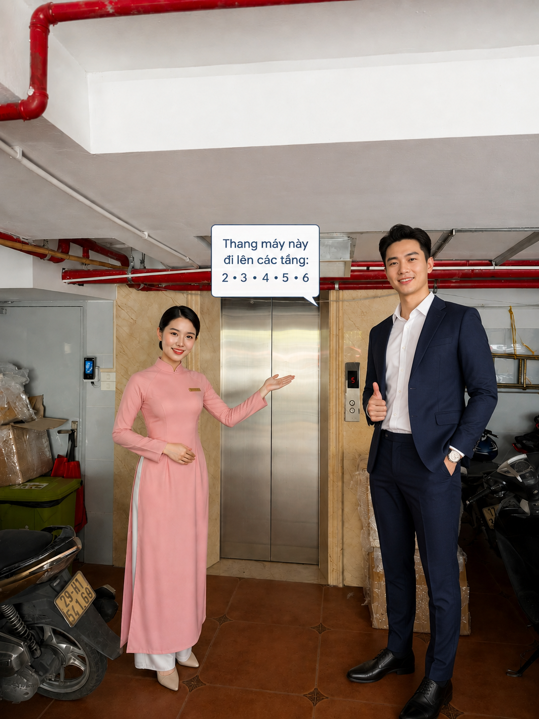 Nhân viên lễ tân giới thiệu thang máy tại tầng hầm tòa nhà văn phòng